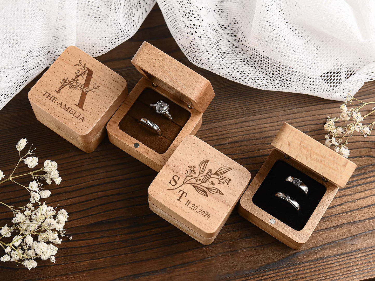 Custom Wooden Wedding Engagement Ring Box,Wedding Ring Box,Personalized Engraved Wood Ring Bearer Box,Square Ring Bearer,Anniversary Gift