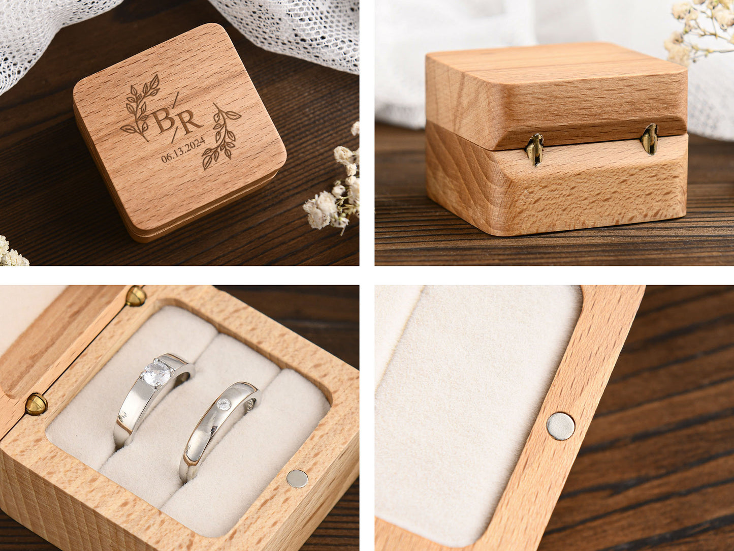 Custom Wooden Wedding Engagement Ring Box,Wedding Ring Box,Personalized Engraved Wood Ring Bearer Box,Square Ring Bearer,Anniversary Gift