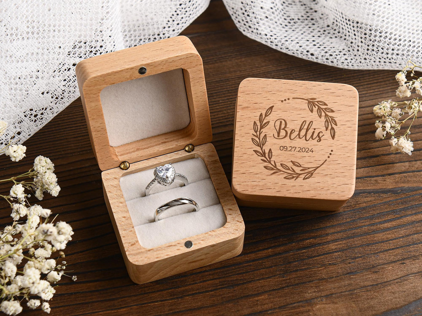 Custom Wooden Wedding Engagement Ring Box,Wedding Ring Box,Personalized Engraved Wood Ring Bearer Box,Square Ring Bearer,Anniversary Gift