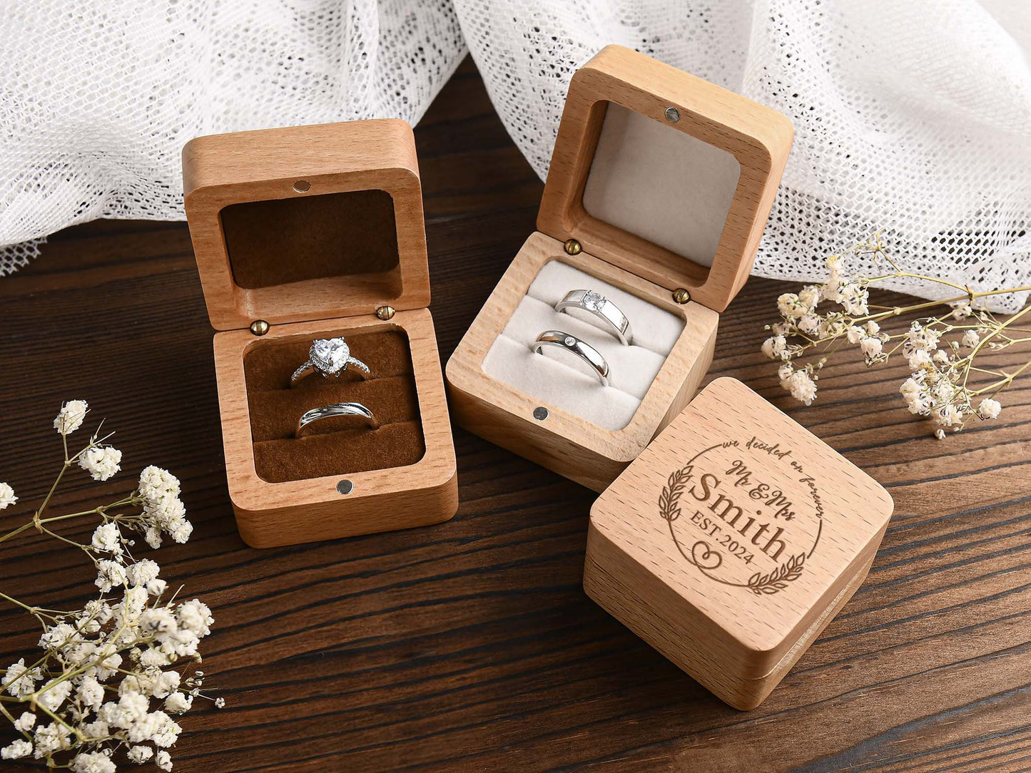 Custom Wooden Wedding Engagement Ring Box,Wedding Ring Box,Personalized Engraved Wood Ring Bearer Box,Square Ring Bearer,Anniversary Gift