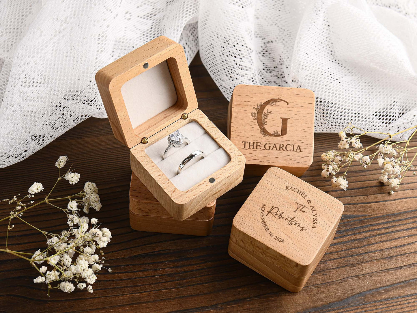 Custom Wooden Wedding Engagement Ring Box,Wedding Ring Box,Personalized Engraved Wood Ring Bearer Box,Square Ring Bearer,Anniversary Gift