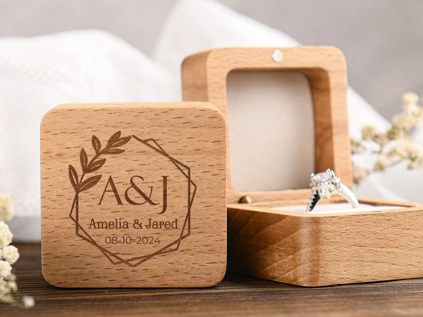Custom Wooden Wedding Engagement Ring Box,Wedding Ring Box,Personalized Engraved Wood Ring Bearer Box,Square Ring Bearer,Anniversary Gift